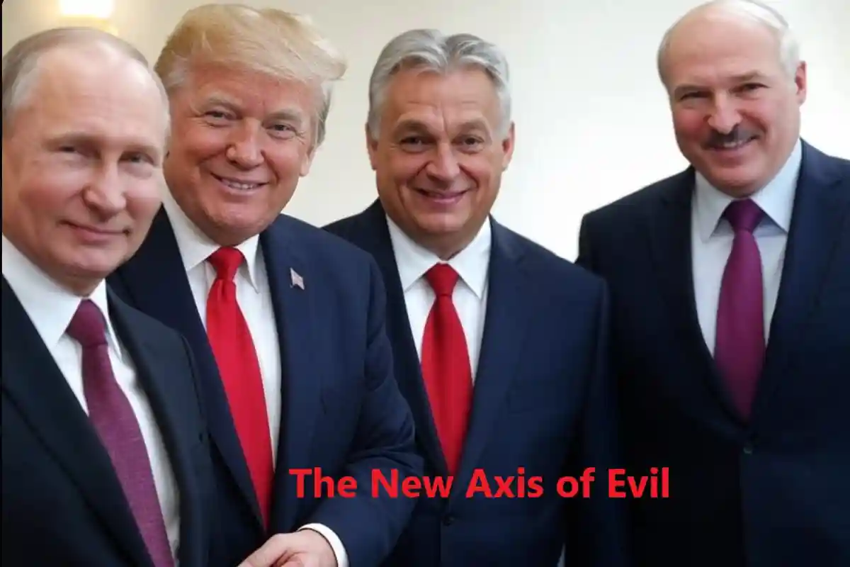 Путін, Трамп, Орбан та Лукашенко. Політична карикатура, AI, 02.2025. Джерело: kh.